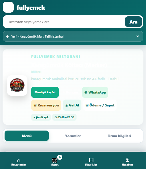 Fullyemek mobil gerçek sistem ekranı