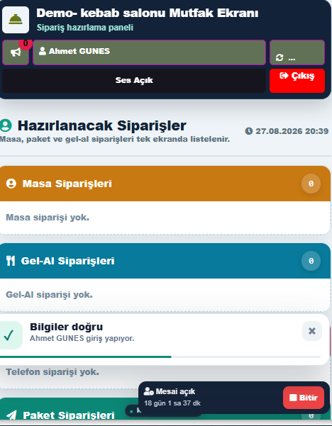 Verson mutfak sipariş ekranı